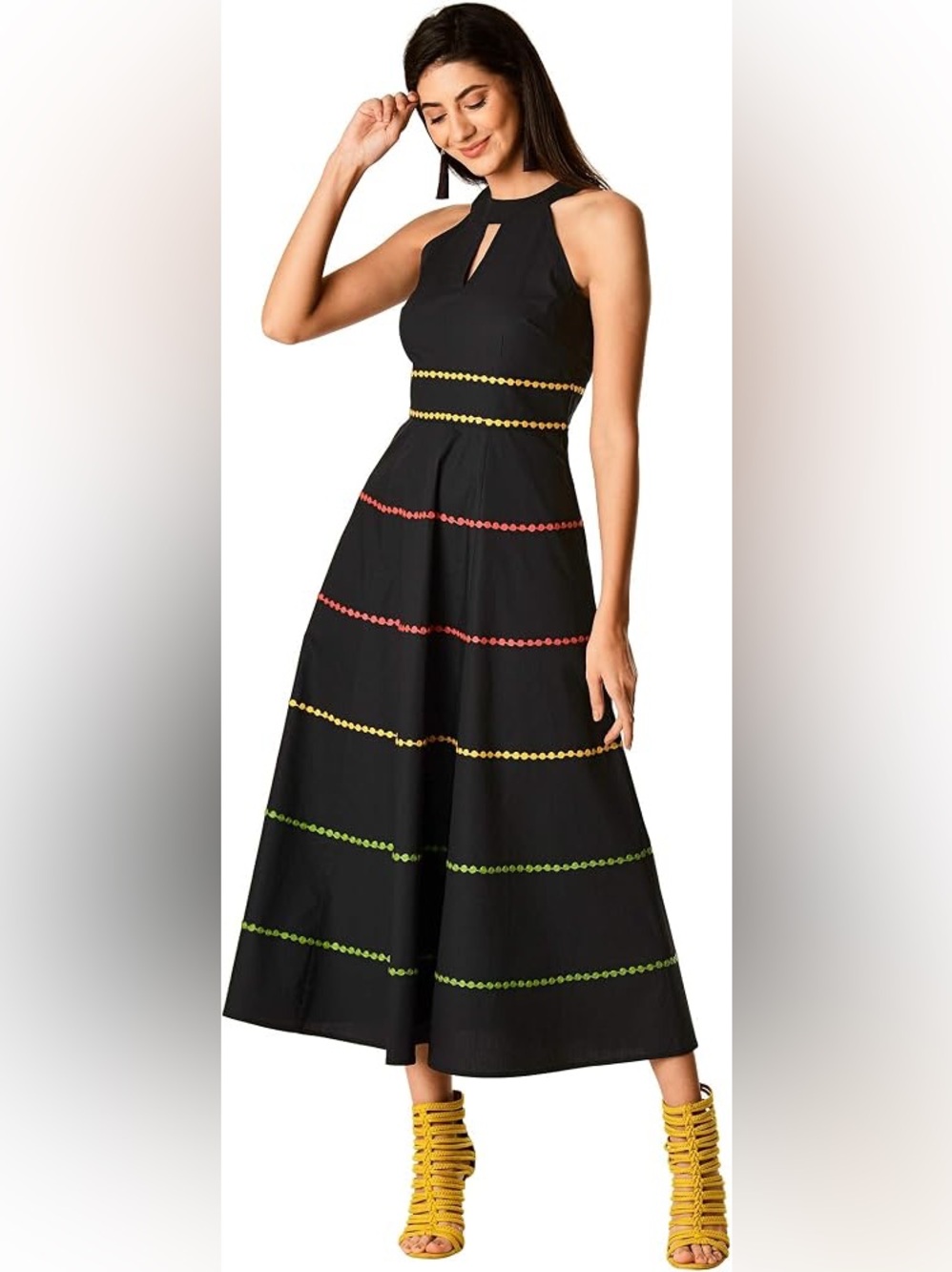 eShakti "Wayward Fancies" black halter neck poplin tiered maxi dress. Size XS.